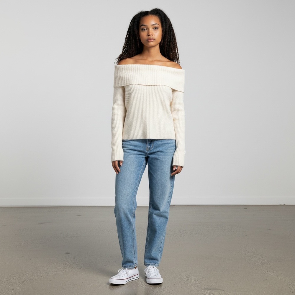 Lauren Ralph Lauren Off-Shoulder Cream Ribbed Wool Angora Blend Sweater Small